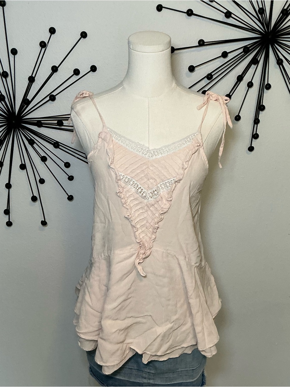 Chelsea & Violet Blush Pink Ruffle Tie Strap Boho Tank Top Size Small